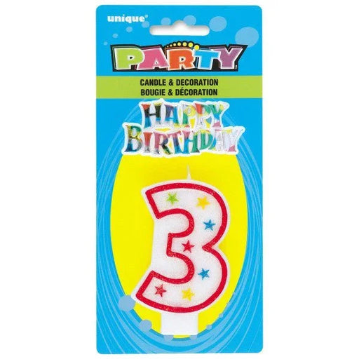 Number 3 Glitter Birthday Candle w/Cake Decoration | 1ct
