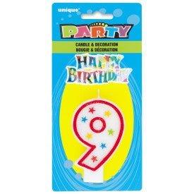 Number 9 Glitter Birthday Candle w/Cake Decoration | 1ct