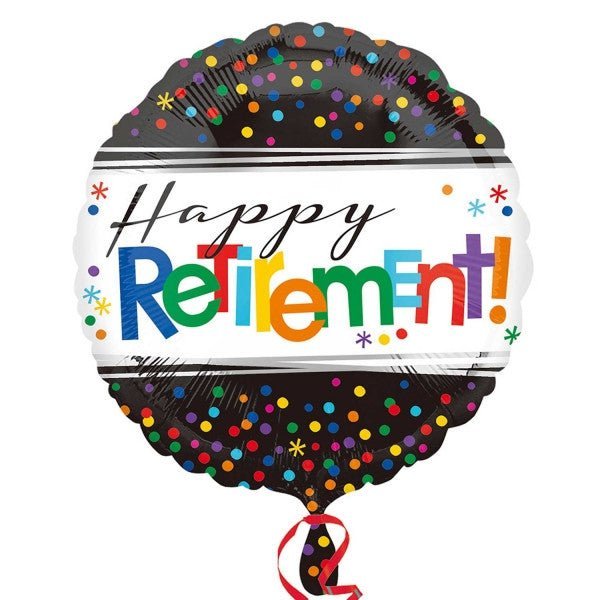 Colorful round mylar balloon with "Happy Retirement" text in multicolored letters on white band, surrounded by confetti and decorative elements on dark patterned background.