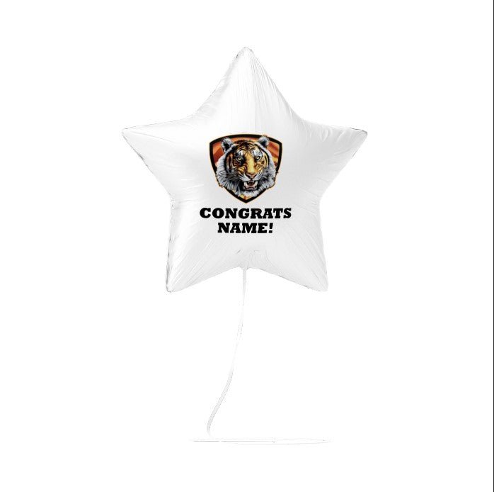 White star-shaped balloon with a tiger design and 'Congrats NAME!' text on a white background