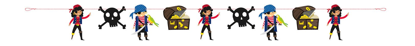 Colorful pirate-themed garland banner featuring alternating cutouts of red-dressed pirates, black skulls with crossbones, blue-haired pirates, and treasure chests strung on a red dotted line.