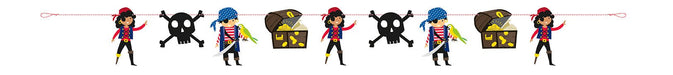 Colorful pirate-themed garland banner featuring alternating cutouts of red-dressed pirates, black skulls with crossbones, blue-haired pirates, and treasure chests strung on a red dotted line.