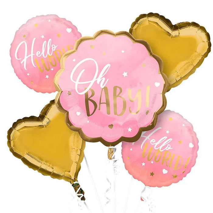 Five foil balloons in pink and gold arranged in a bouquet, featuring a large scalloped pink balloon reading "Oh Baby" with gold text, two gold hearts, and three smaller pink round balloons with "Hello World" text and decorative stars.