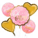 Five foil balloons in pink and gold arranged in a bouquet, featuring a large scalloped pink balloon reading "Oh Baby" with gold text, two gold hearts, and three smaller pink round balloons with "Hello World" text and decorative stars.