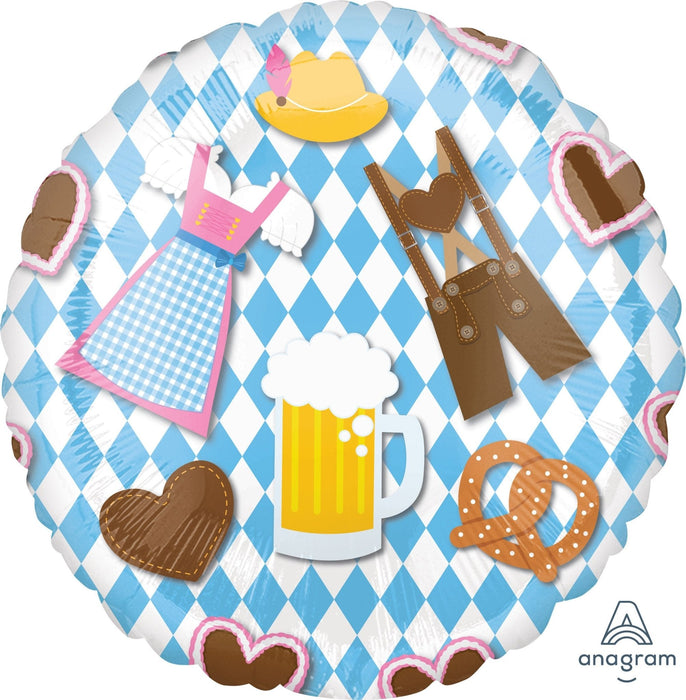Round blue and white diamond-patterned balloon with Oktoberfest-themed decorations including a yellow hat, beer mug, pretzel, lederhosen, gingerbread hearts, and checkered dress.