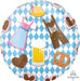 Round blue and white diamond-patterned balloon with Oktoberfest-themed decorations including a yellow hat, beer mug, pretzel, lederhosen, gingerbread hearts, and checkered dress.