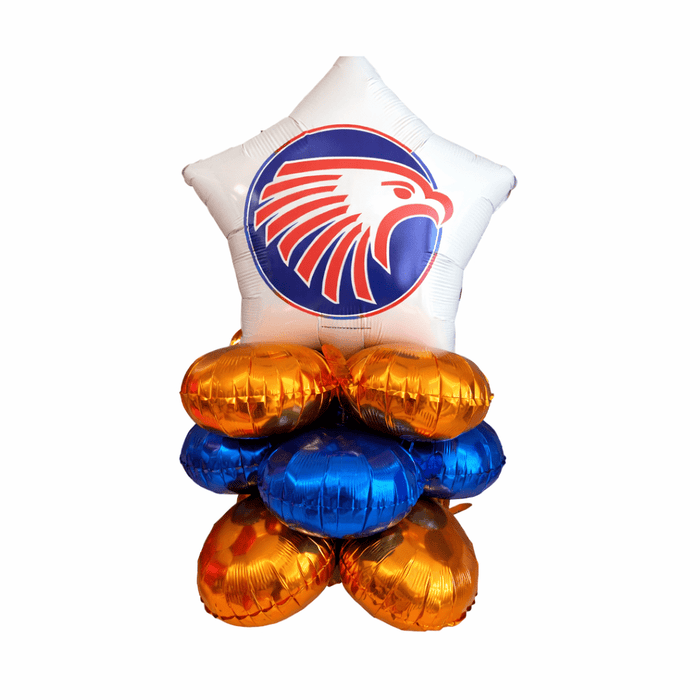 Star-shaped balloon with an eagle logo and orange and blue balloons underneath on a white background