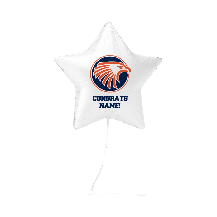 White star-shaped mylar balloon featuring an orange and blue eagle logo with "CONGRATS NAME!" text printed below.