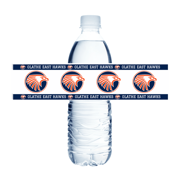 Clear plastic water bottle wrapped with navy and orange Olathe East Hawks school logo band featuring four hawk head emblems and repeated text around the middle.