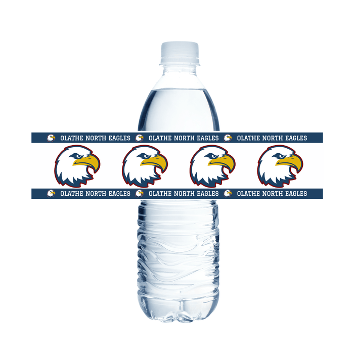 Water bottle label featuring Olathe North Eagles branding with navy blue and gold eagle logos repeated across white adhesive bands that wrap around a clear plastic water bottle.
