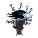 Blue and black eagle head logo with extended wings bursts from a black wrapped centerpiece base decorated with scattered stars.