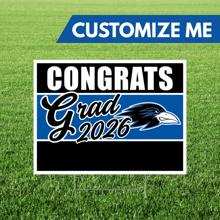Graduation-themed customizable sign with 'Congrats Grad 2026' on a grass background