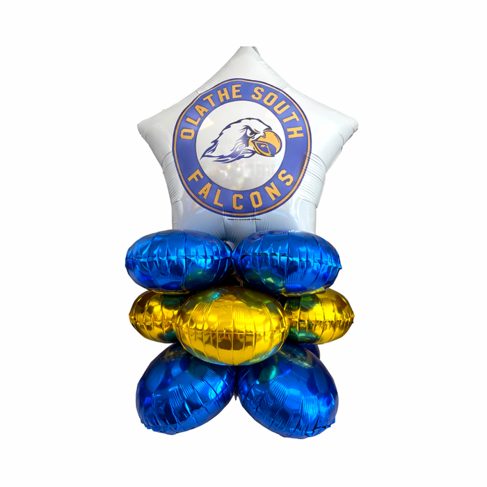 Balloon bouquet with blue and gold balloons and a South Falcons logo on a white background