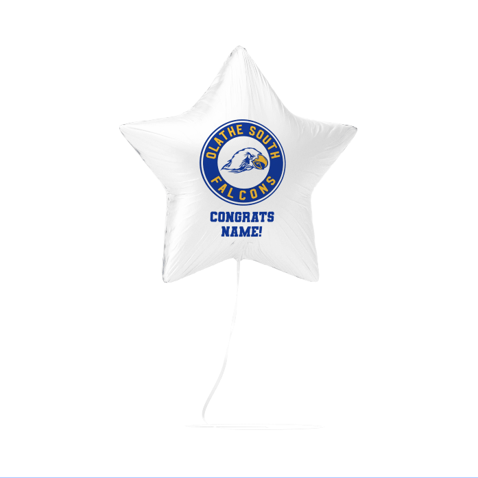 White star-shaped foil balloon featuring the Olathe South Falcons blue and gold circular logo with a falcon emblem and "CONGRATS NAME!" text in blue.