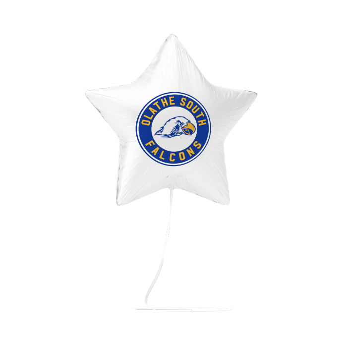 White star-shaped foil balloon with a blue and gold circular logo reading "Olathe South Falcons" featuring a falcon emblem in the center.