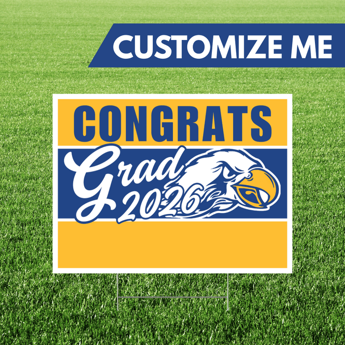 Graduation-themed customizable sign with 'Congrats Grad 2026' text on a grass background