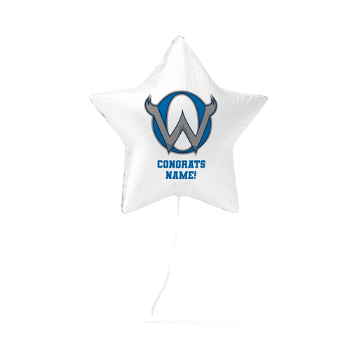 White star-shaped mylar balloon with blue horned "W" logo and "CONGRATS NAME!" text in blue lettering.