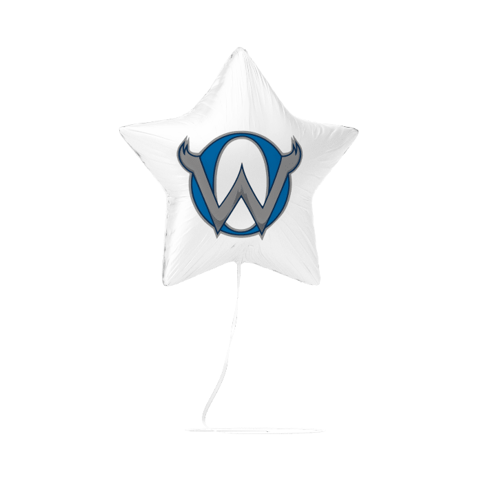 White star-shaped foil balloon with a blue circle containing a gray "W" logo and horns design, displayed against a white background.