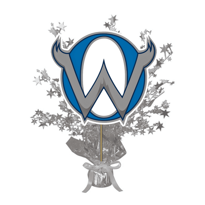 Blue and gray letter W centerpiece with horns and stars bursting from a silver base with ribbon bow.