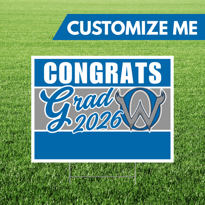 Graduation-themed customizable sign with 'Congrats Grad 2026' text on a grass background