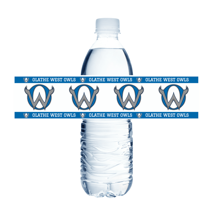Plastic water bottle wrapped with a blue and gray Olathe West Owls label featuring the team logo repeated across the center band.