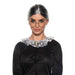 Gray and black streaked wig styled in a neat bun with a center part, displayed on a mannequin head wearing round wire-frame glasses.