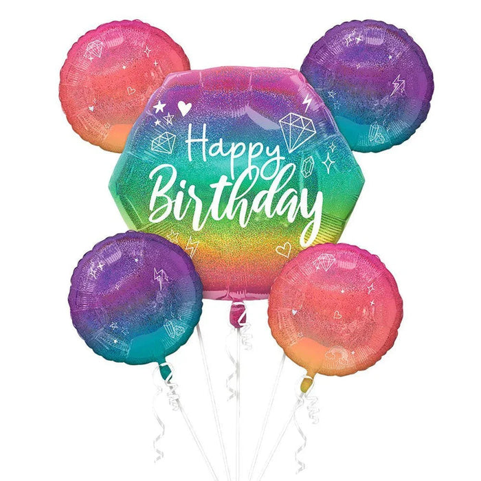 Five foil balloons in a rainbow ombre gradient from pink to purple to teal, with the center large balloon displaying "Happy Birthday" text surrounded by decorative stars, hearts, and diamond designs.