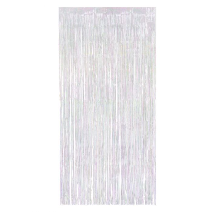 Opalescent metallic fringe curtain in white and iridescent colors, 3 feet wide by 8 feet long, with vertical strands creating a shimmering curtain effect.
