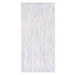 Opalescent metallic fringe curtain in white and iridescent colors, 3 feet wide by 8 feet long, with vertical strands creating a shimmering curtain effect.