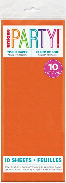 Package of 10 sheets of bright orange tissue paper for party decorations, with colorful "PARTY" text and bilingual labeling on white header.