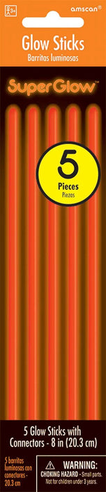 Package of five neon orange glow sticks with connectors, each eight inches long, displayed vertically on an orange and black branded card.