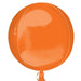 Bright orange spherical foil balloon with a rounded shape and tied end, displayed against a white background.