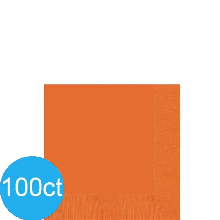 Stack of 100 orange paper beverage napkins with a textured surface shown against a white background.