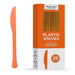 Orange heavy duty plastic knives in a box labeled "Plastic Knives" with "20 pack" indicated, displayed with one knife shown separately to the left.
