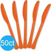 Five orange plastic knives with textured handles arranged in a fan pattern, labeled 50ct in a blue circle.