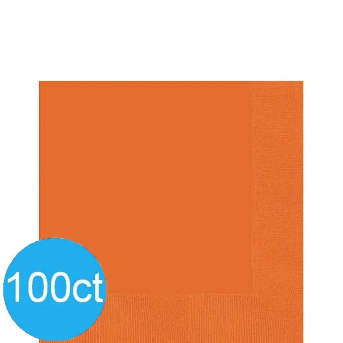 Pack of 100 orange lunch napkins with a textured surface shown against a white background.