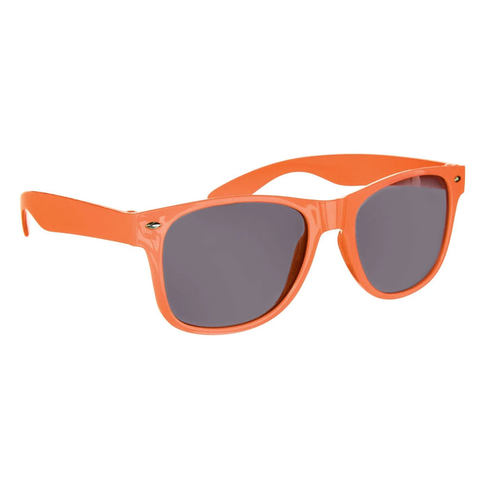 Bright orange wayfarer-style sunglasses with dark gray lenses and a glossy finish on a white background.