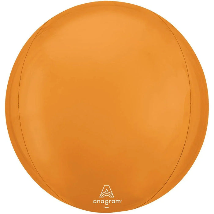 Orbz Vibrant Orange Balloon, 15" | 1 ct Bright orange spherical foil balloon with vertical seam lines and Anagram brand logo at bottom.