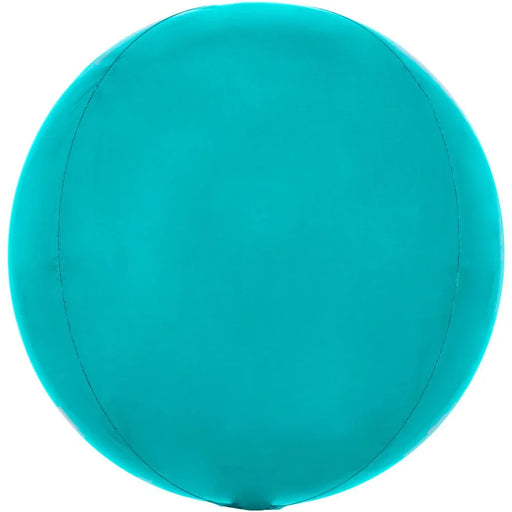 Bright turquoise spherical balloon with a smooth, inflated surface and visible seam line running vertically down the center.