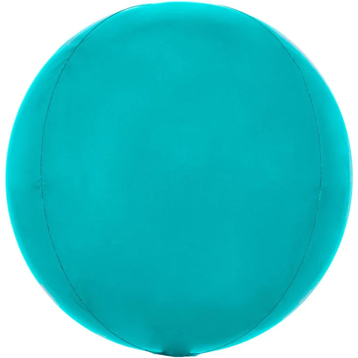 Bright turquoise spherical balloon with a smooth, inflated surface and visible seam line running vertically down the center.