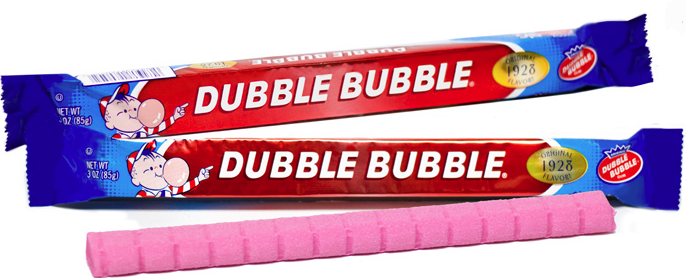 Two blue and red wrapped sticks of Dubble Bubble gum with a pink unwrapped piece displayed below them.