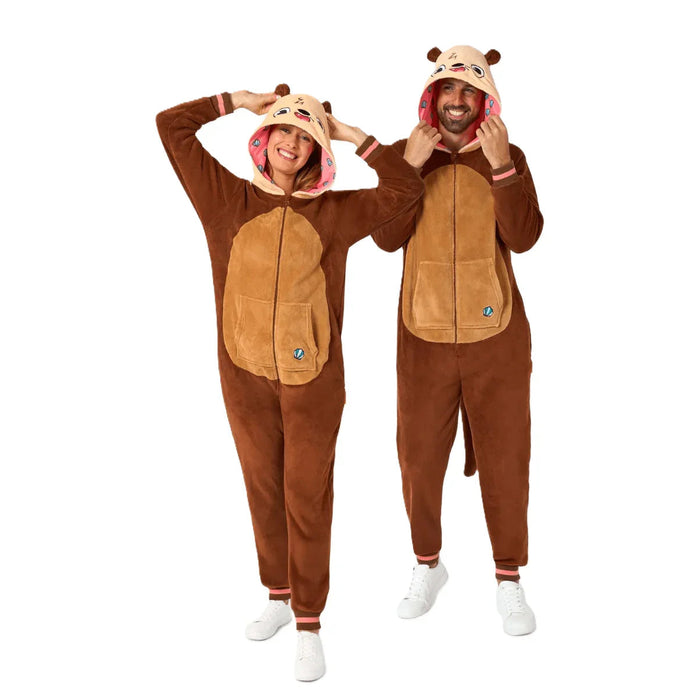 Two adults wearing matching brown and tan otter onesies with hood details, pink inner linings, and white sneakers pose together against a white background.