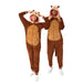 Two adults wearing matching brown and tan otter onesies with hood details, pink inner linings, and white sneakers pose together against a white background.