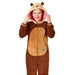 Child wearing a brown and tan velvet otter onesie with a hood featuring embroidered eyes, nose, and rounded ears, pink lining visible inside the hood.