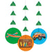 Set of three colorful paper hanging decorations featuring a kayak on green, "Stay Wild" sign on orange, and a truck on blue, with nine small green tree ornaments suspended above on string.