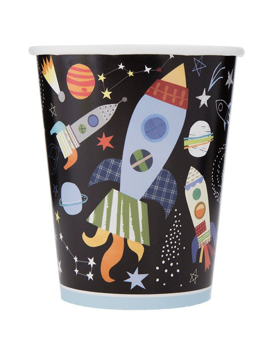 Black disposable cup featuring colorful space-themed illustrations including rockets, planets, stars, and moons with a light blue rim, designed for 9 ounces.