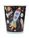 Black disposable cup featuring colorful space-themed illustrations including rockets, planets, stars, and moons with a light blue rim, designed for 9 ounces.