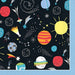 Dark blue napkins featuring colorful space-themed illustrations including planets, stars, rockets, and a bright yellow sun, with light blue striped trim on the edges.