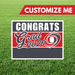 Graduation-themed customizable sign with 'Congrats Grad 2026' on a grass background