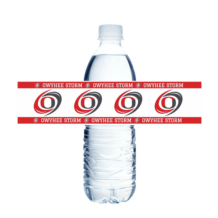 Clear plastic water bottle wrapped with red and black Owyhee Storm logo bands and text repeated around the middle section.